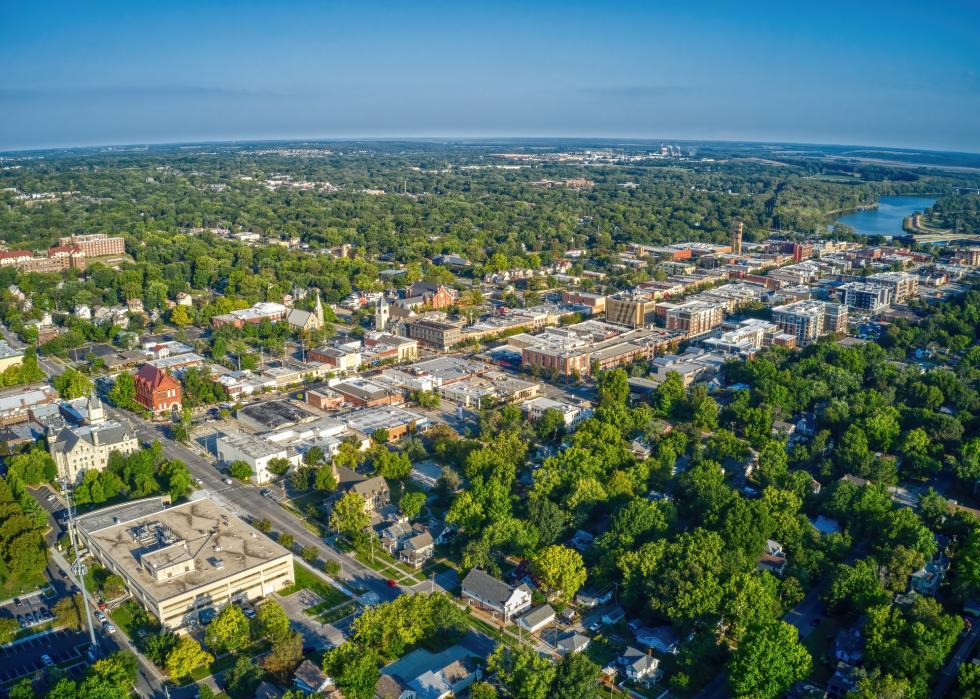 Aerial view of Lawrence, Kansas, and State University.