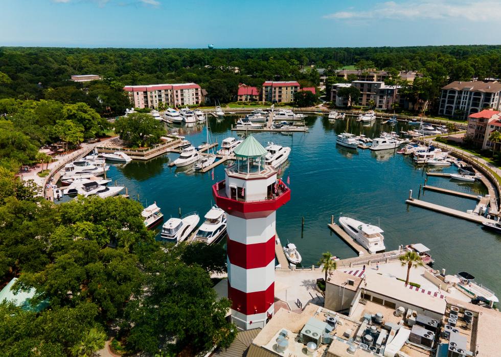 Harbor Town and boats docked on the water in Hilton Head Island.
