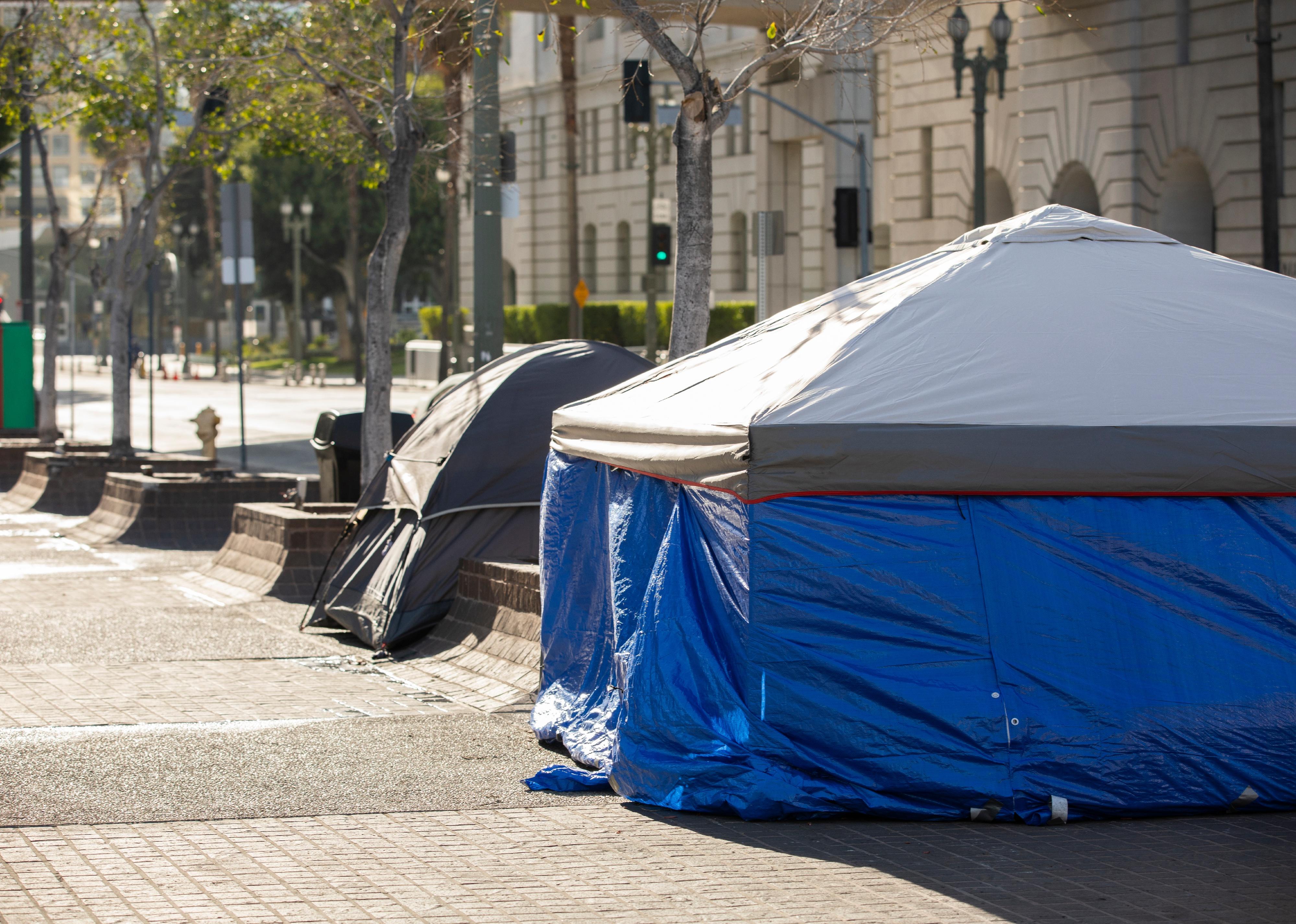 A homeless encampment sits on a street in Downtown Los Angeles.