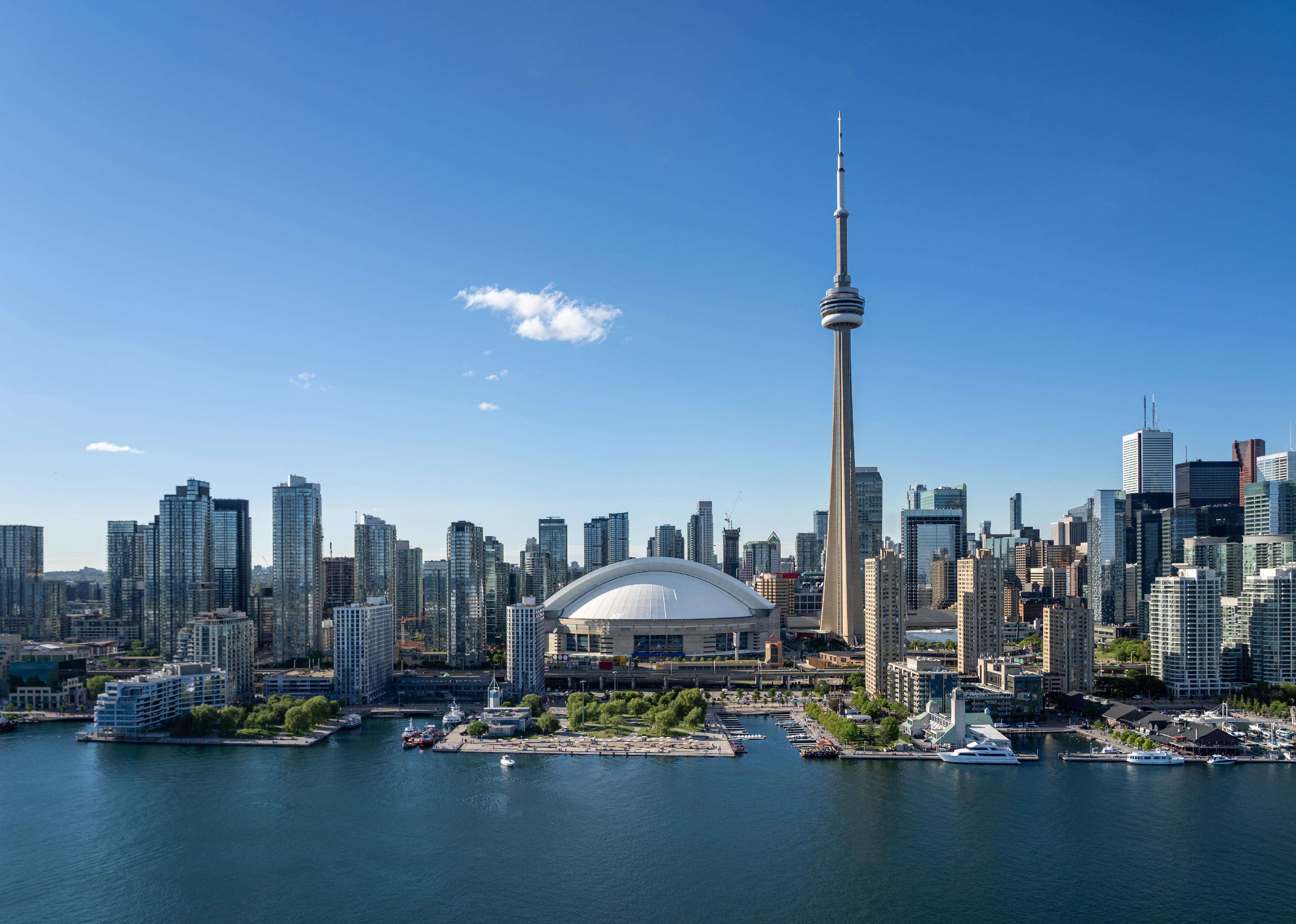 Toronto city center aerial view from Ontario Lake.
