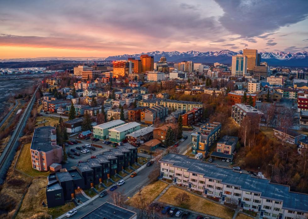 Aerial view of a sunset over downtown Anchorage