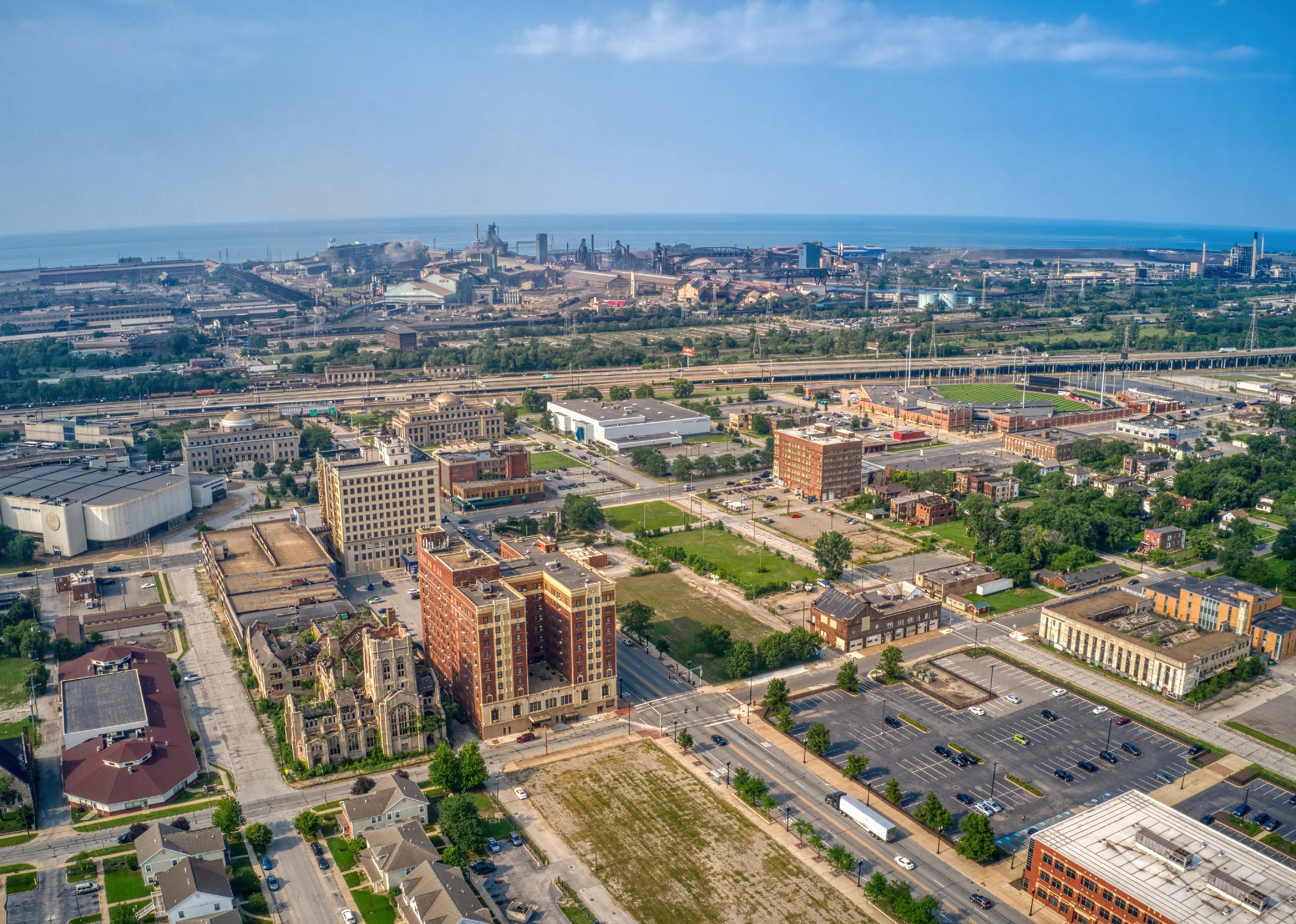 Aerial View of Downtown Gary, Indiana and its Steel Mill.