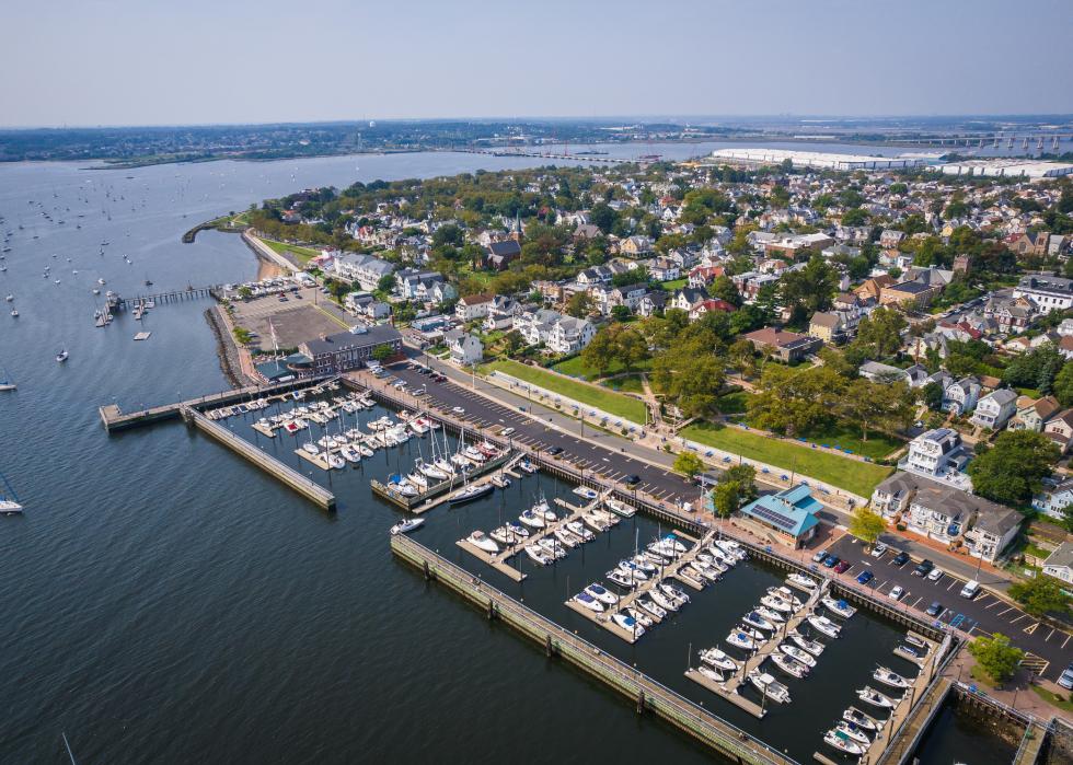 Aerial of boats in Perth Amboy, New Jersey.