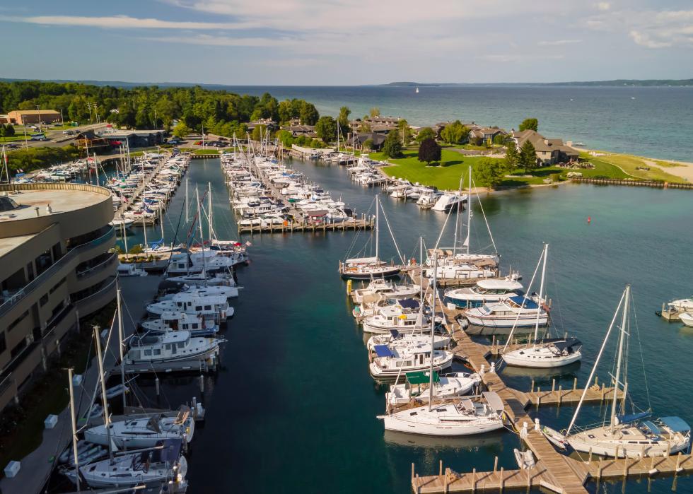Aerial view of Traverse City marina in Michigan.