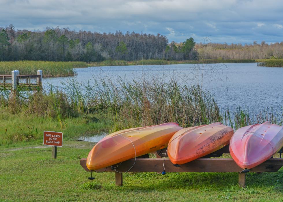 Kayaks at the boat launch on Mac Lake.