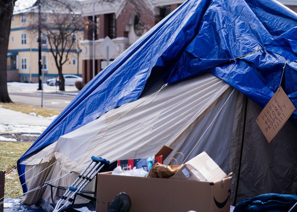 A close up of a tent in an encampment across from the Idaho State Capitol.