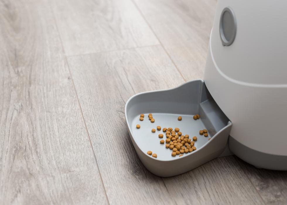 Automatic pet food dispenser on floor at home