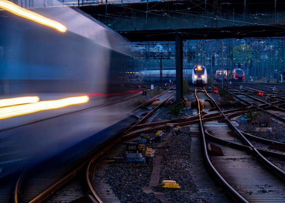 Blue hour at a large railroad station.