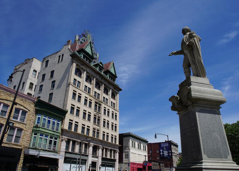 View of the Scranton Electric Building and statue of George Washington.