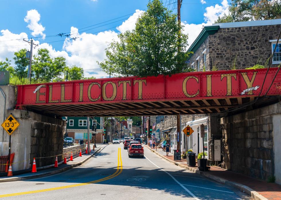 Ellicott City sign on a bridge.