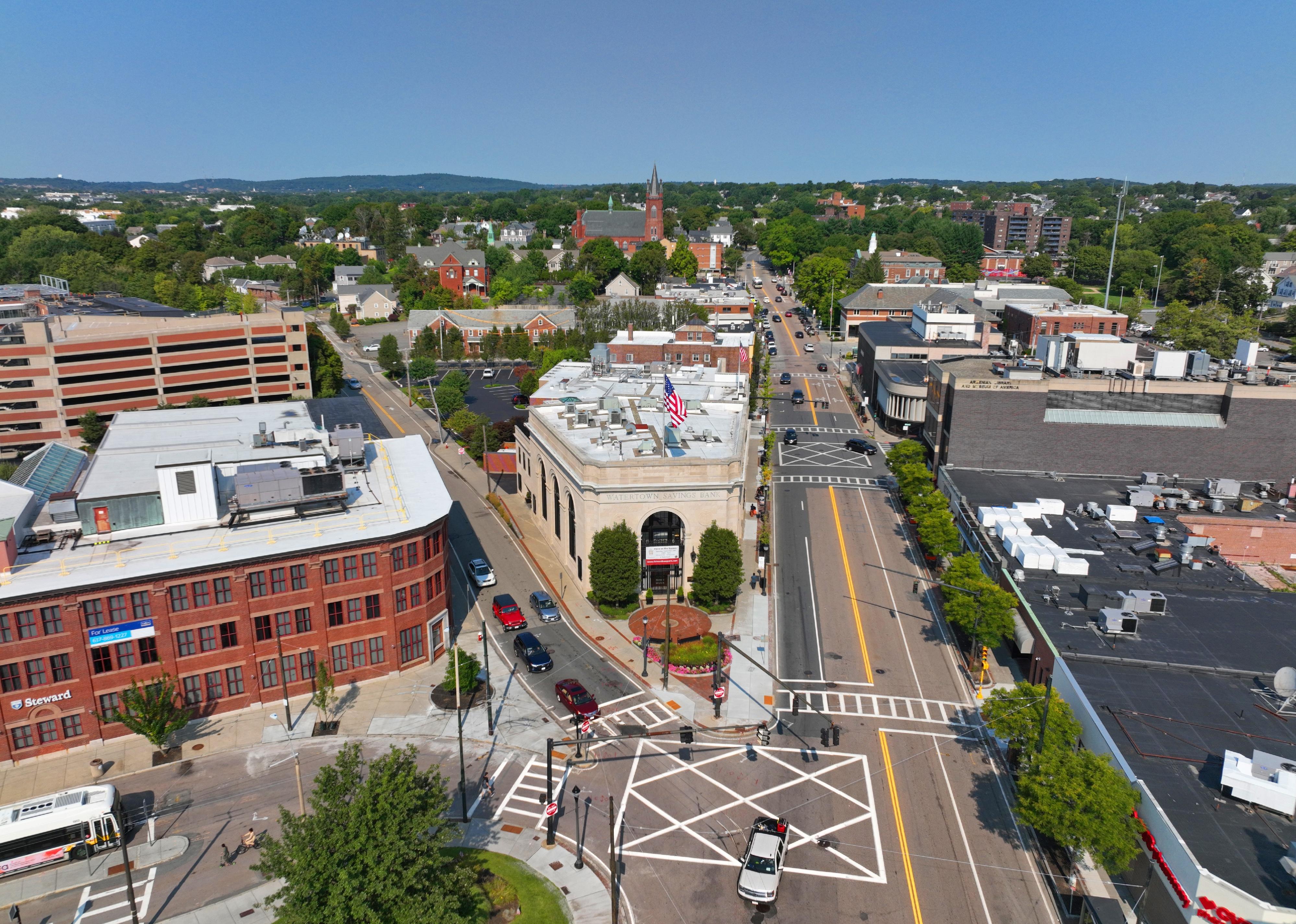 Aerial of the historic city center of Watertown.