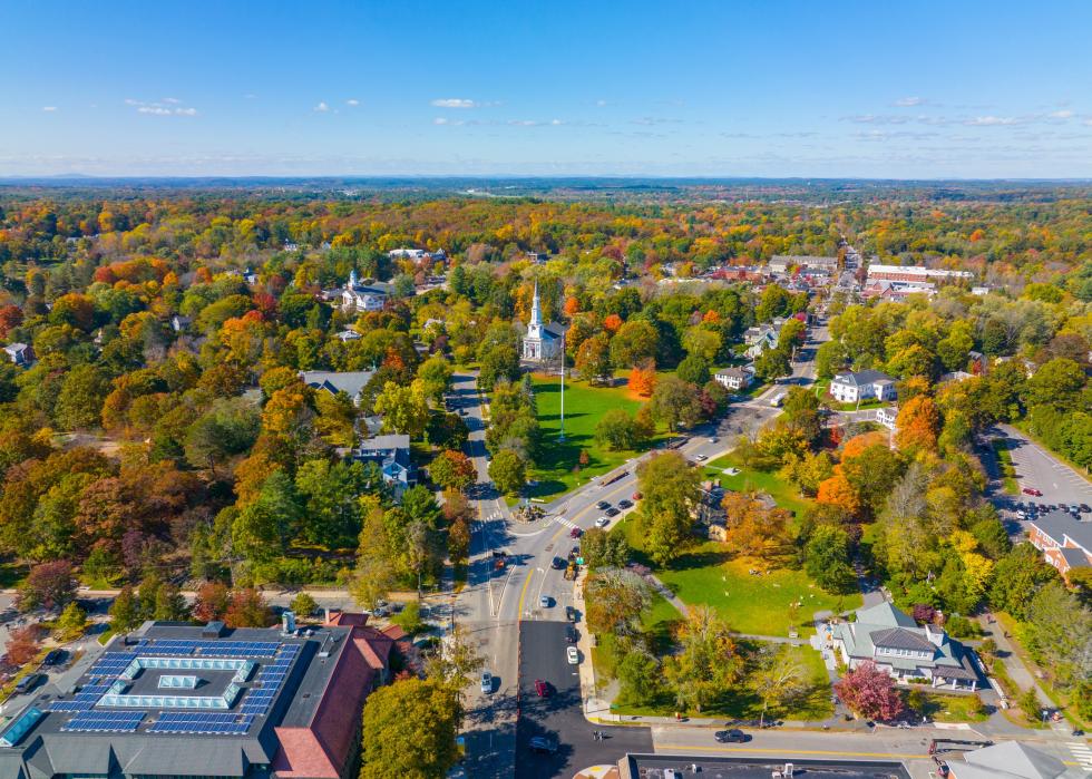 Lexington town center aerial view in fall.