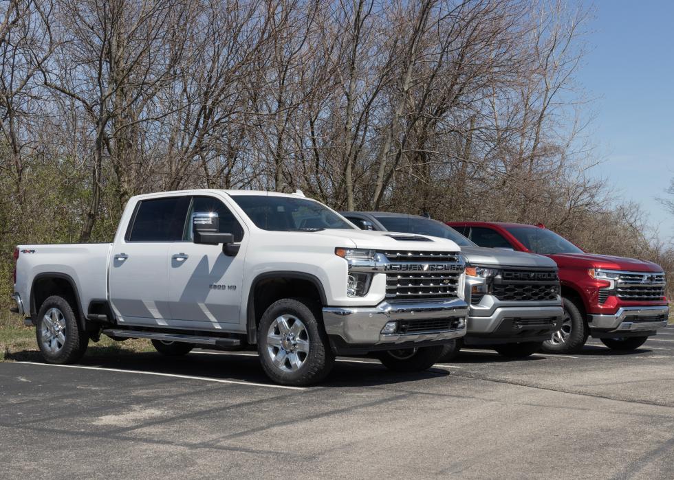 Chevrolet Silverado pickup truck display at a dealership.