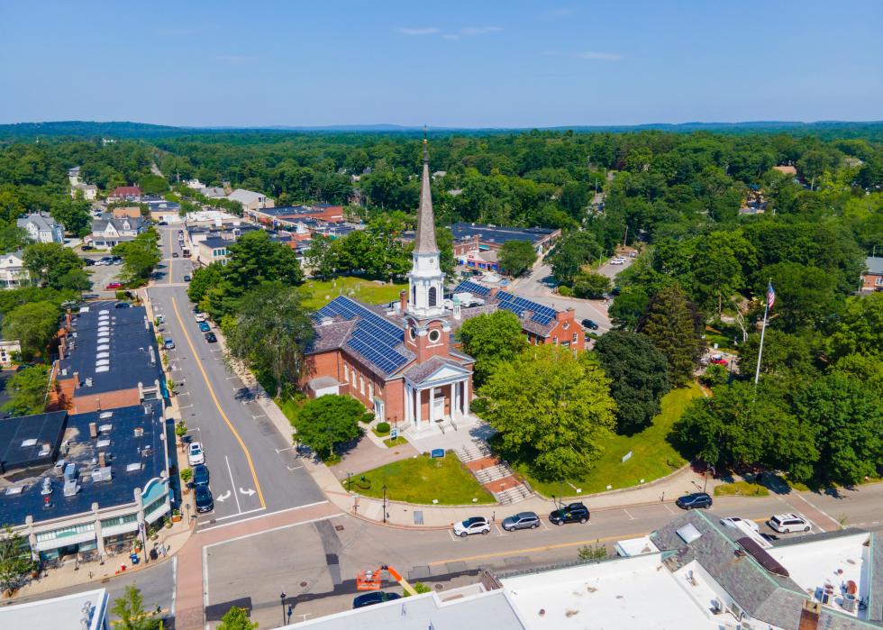 Aerial view of Wellesley Congregational Church and Central Street.