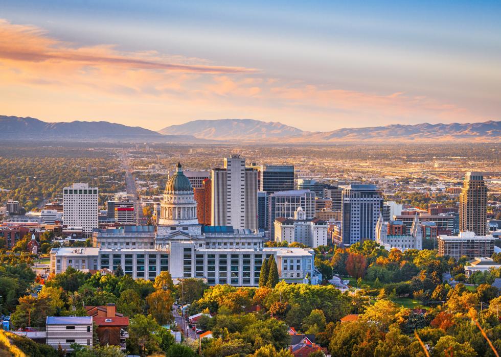 Downtown Salt Lake City skyline at dawn.