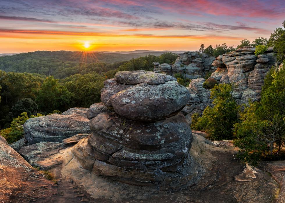 A colorful sunset over the sandstone hoodoo's at Shawnee National Forest.