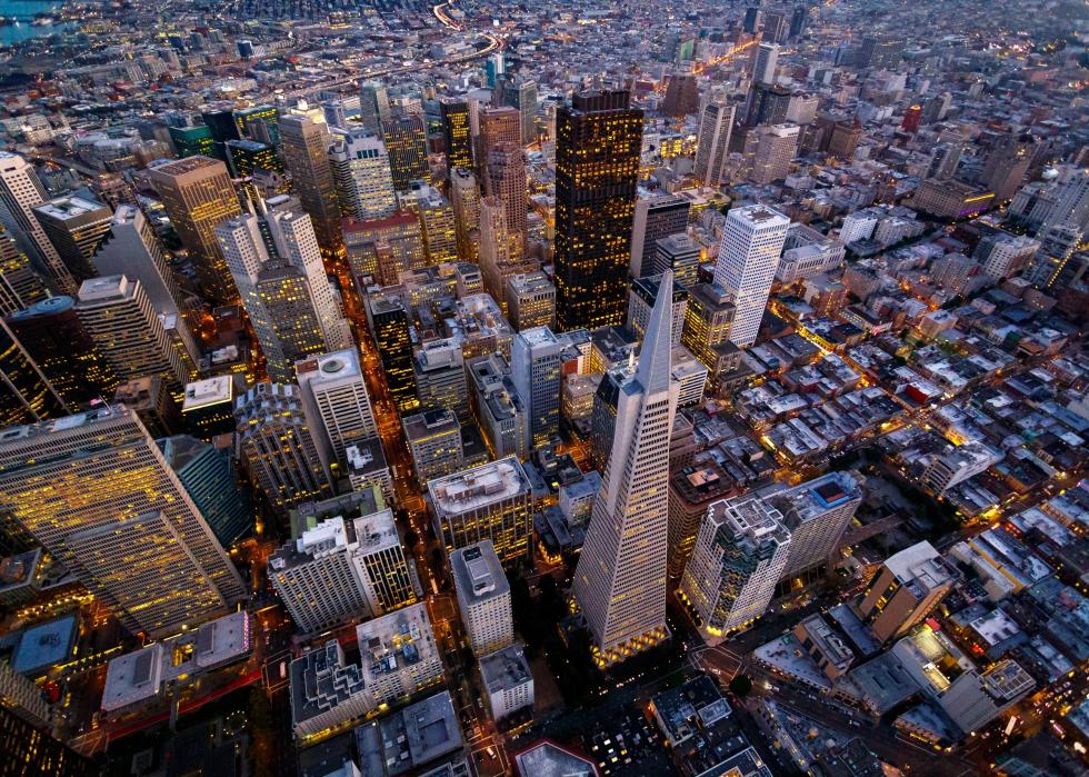 Aerial cityscape view of San Francisco.