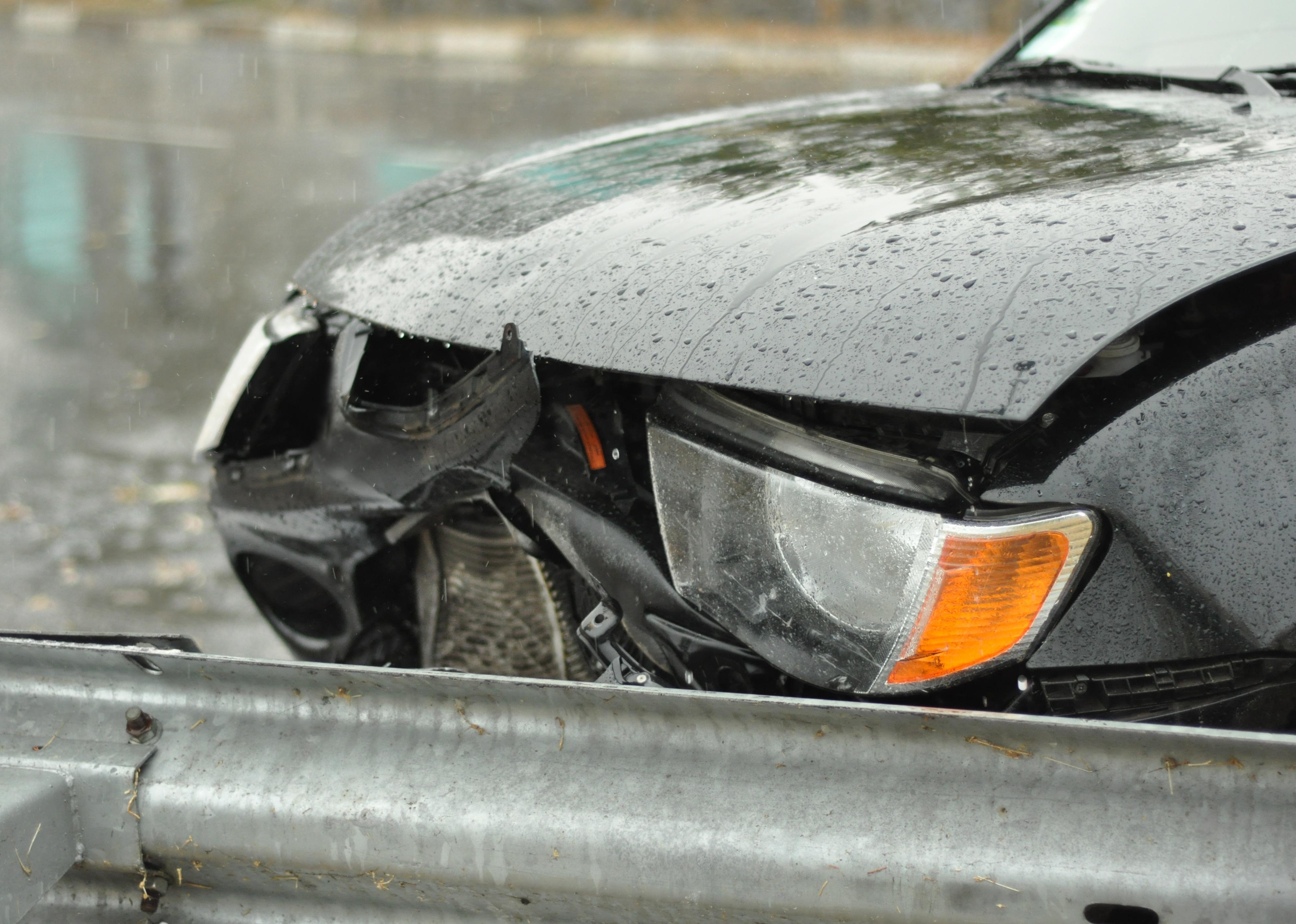 Close up of dented front bumper.