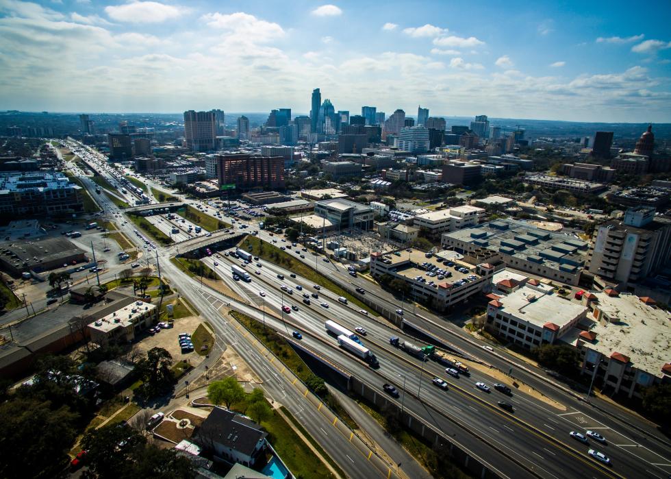 Aerial view of I-35 over downtown Austin, Texas