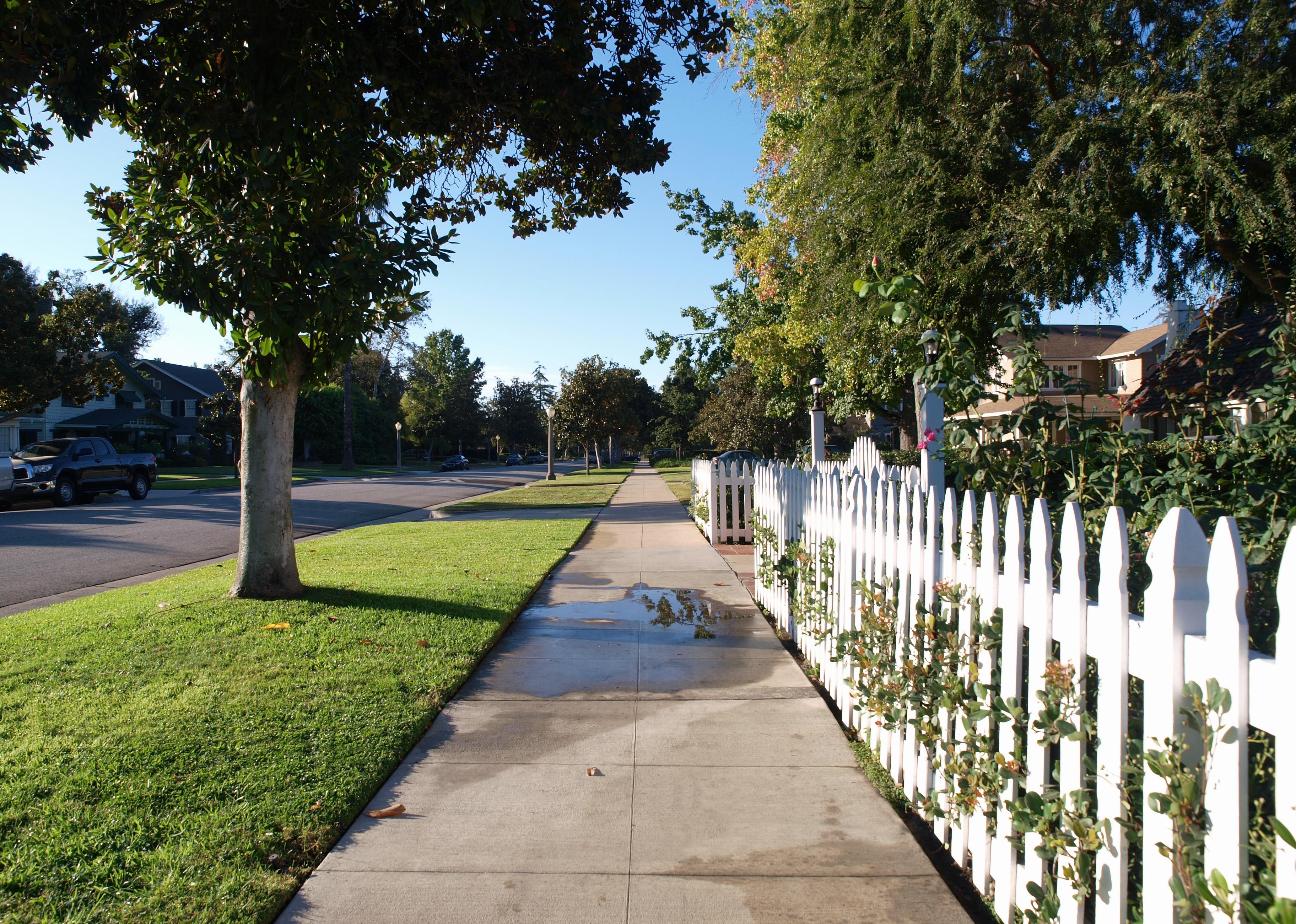 Picket fence on a pretty residential street