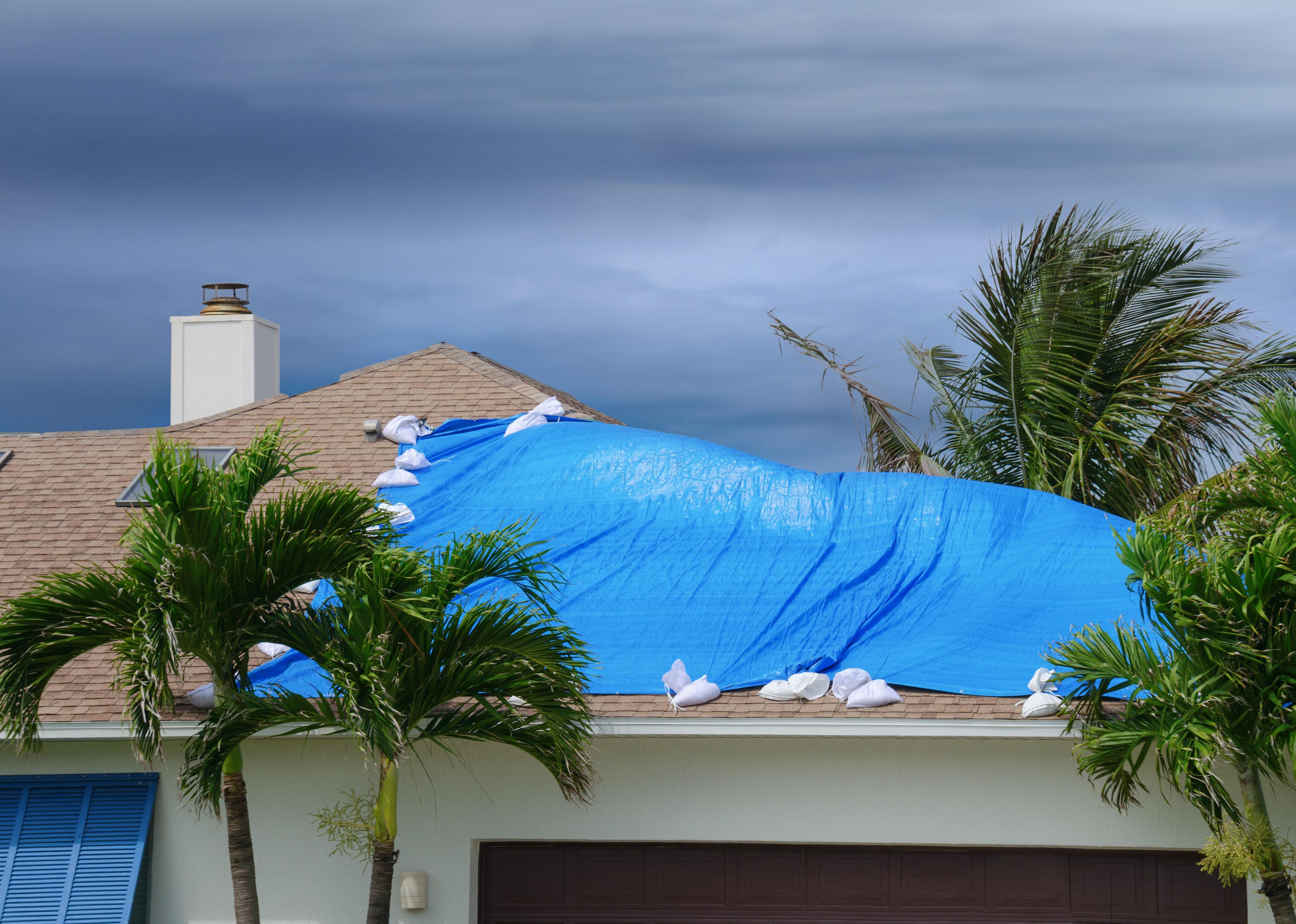 Storm damaged roof with a protective blue tarp over a hole.