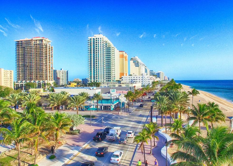 An aerial view of buildings across the street from scenic Las Olas Beach in Fort Lauderdale.