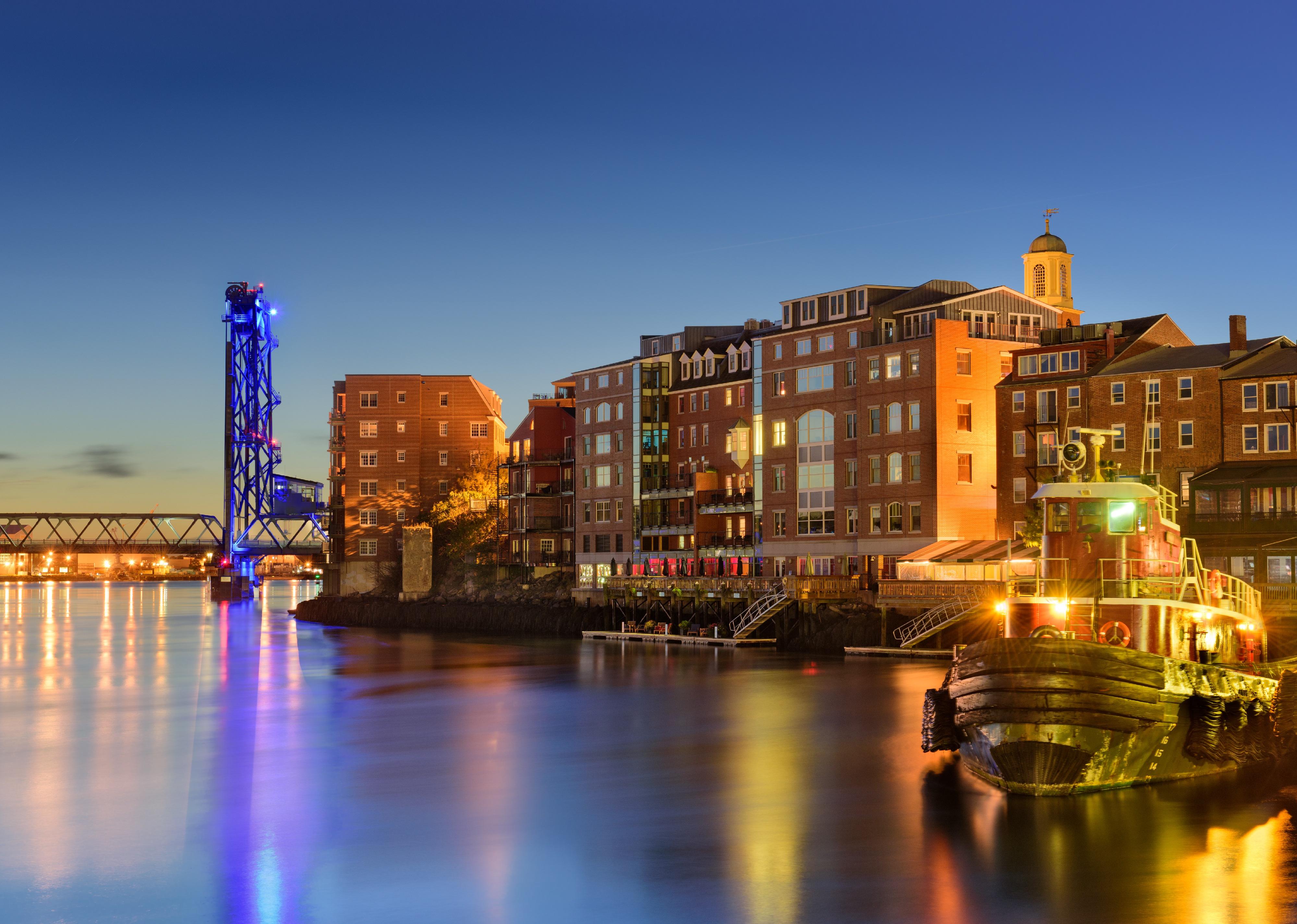 Portsmouth, New Hampshire, town skyline on the Piscataqua River.