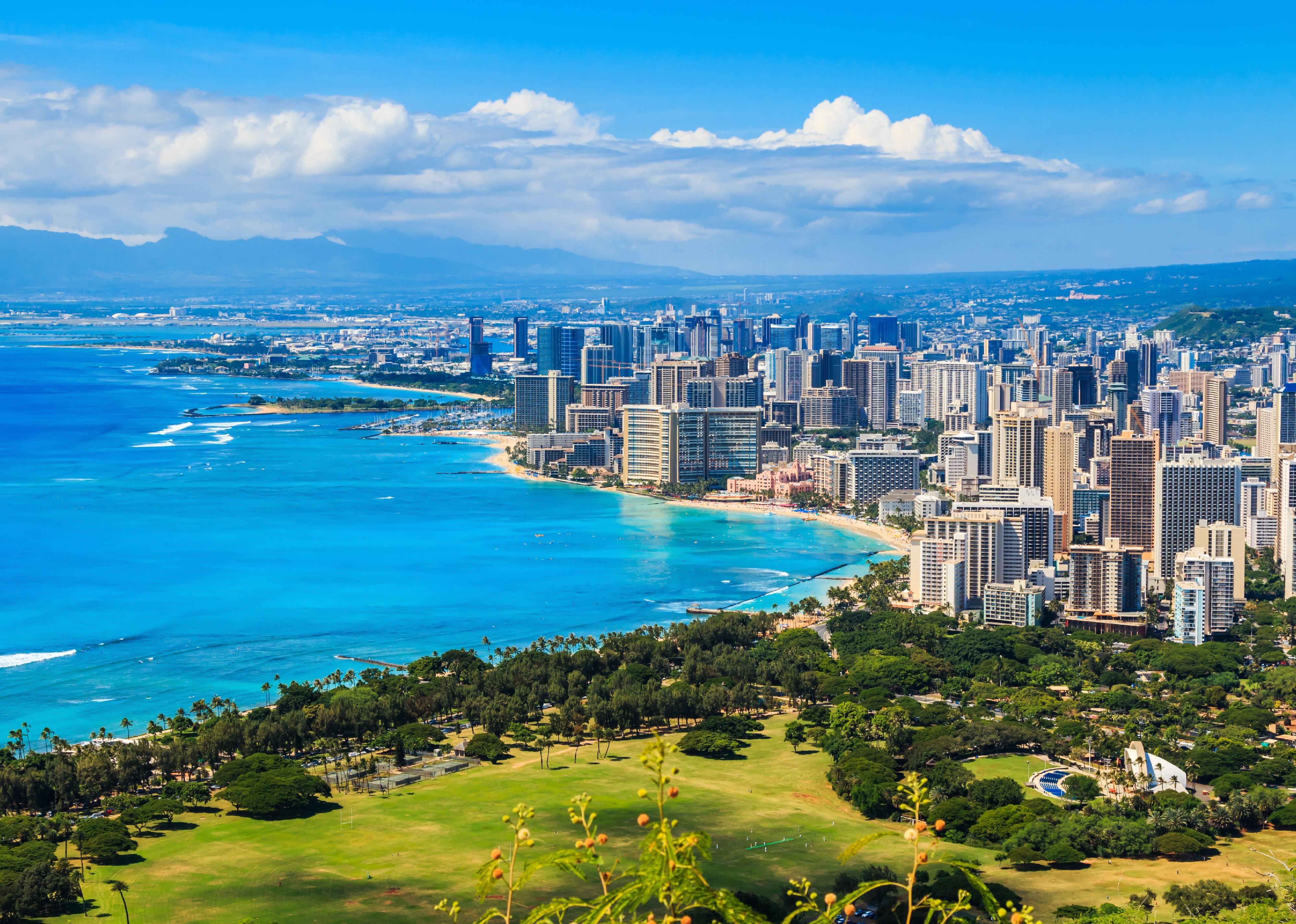Aerial view of Downtown Honolulu skyline and the surrounding area.