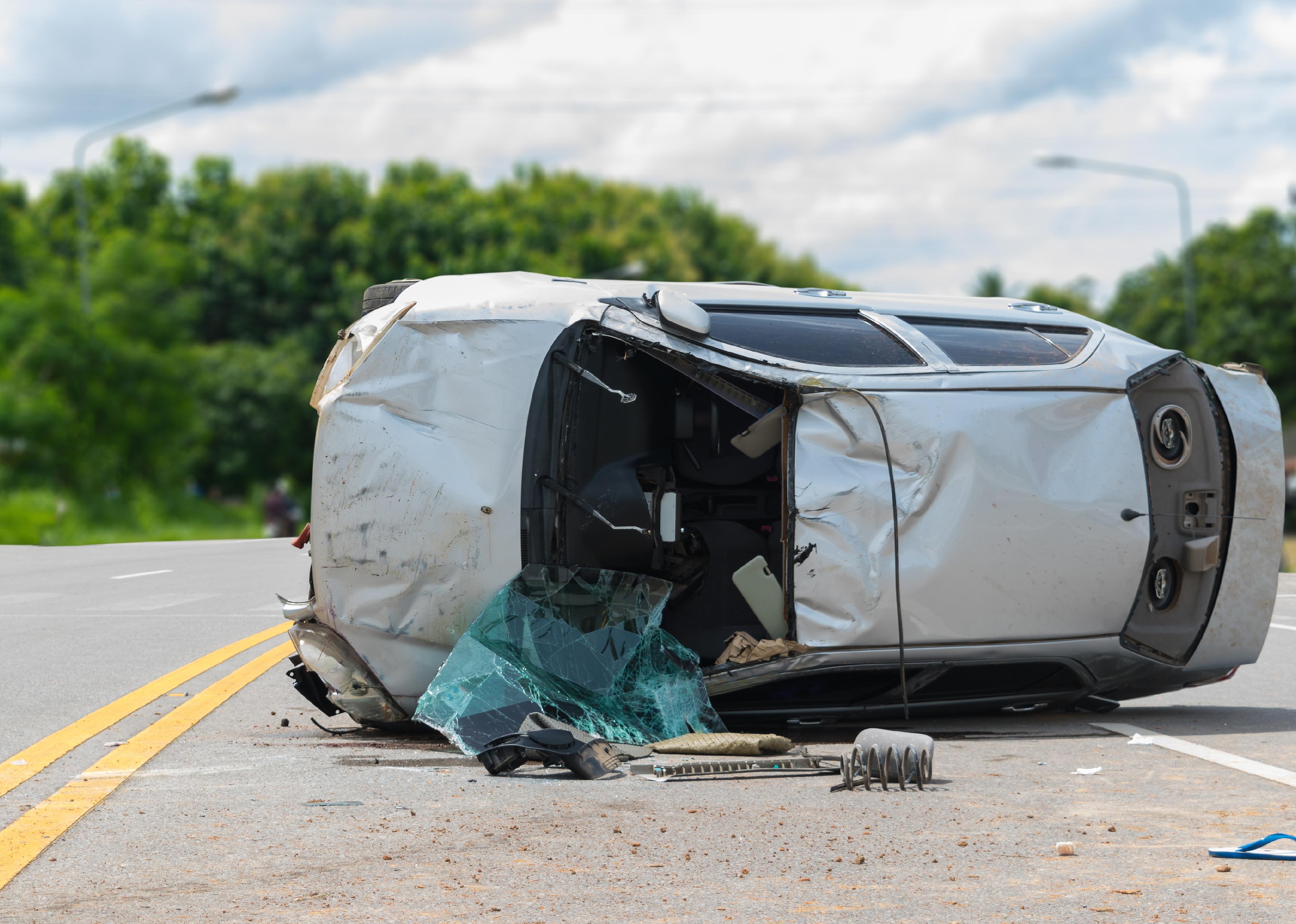 Car on its side after an accident.