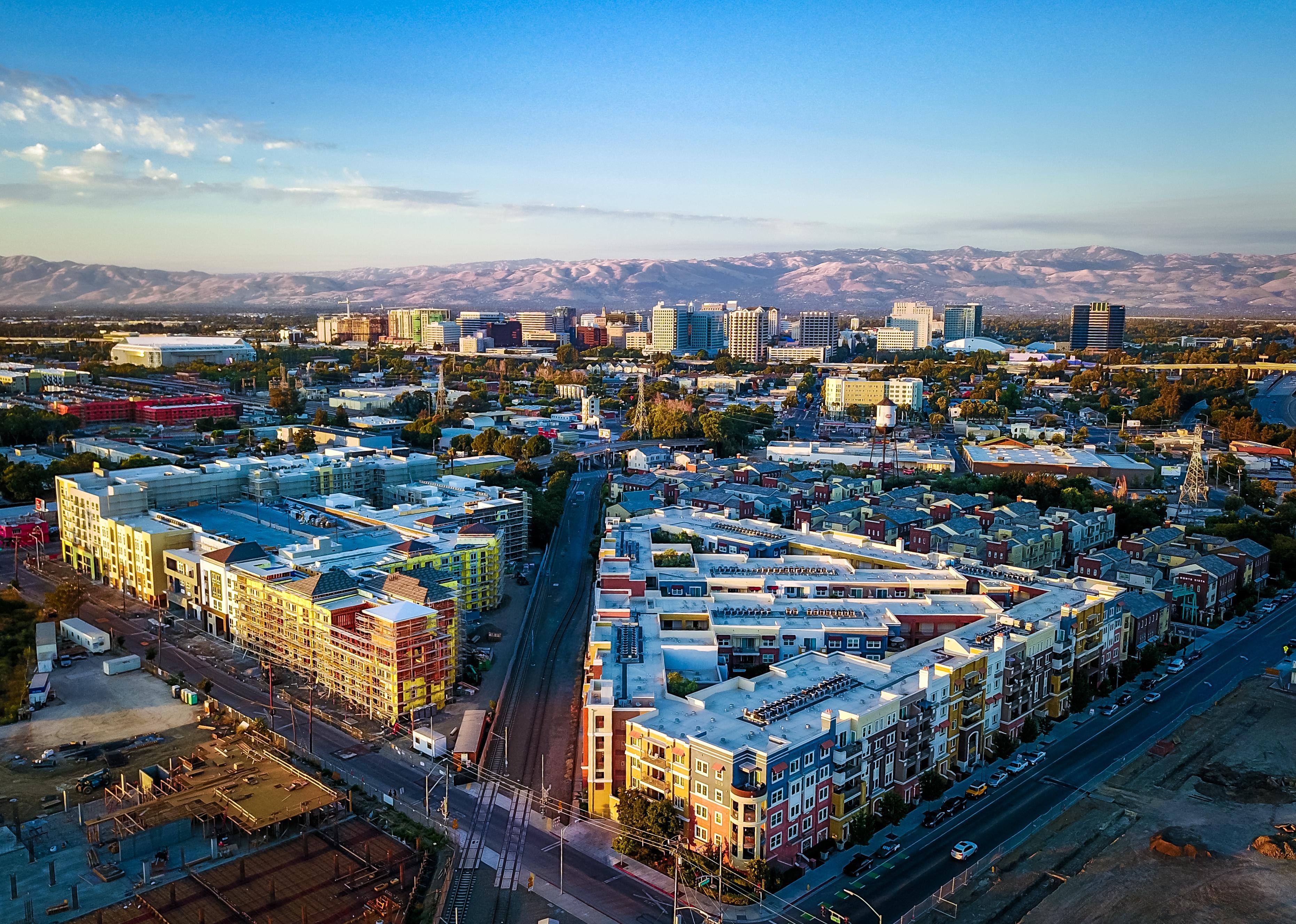Drone photo of sunset over downtown San Jose.