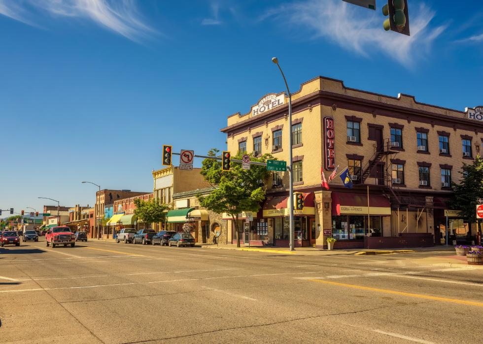 Scenic street view with shops and hotels in Kalispell. 