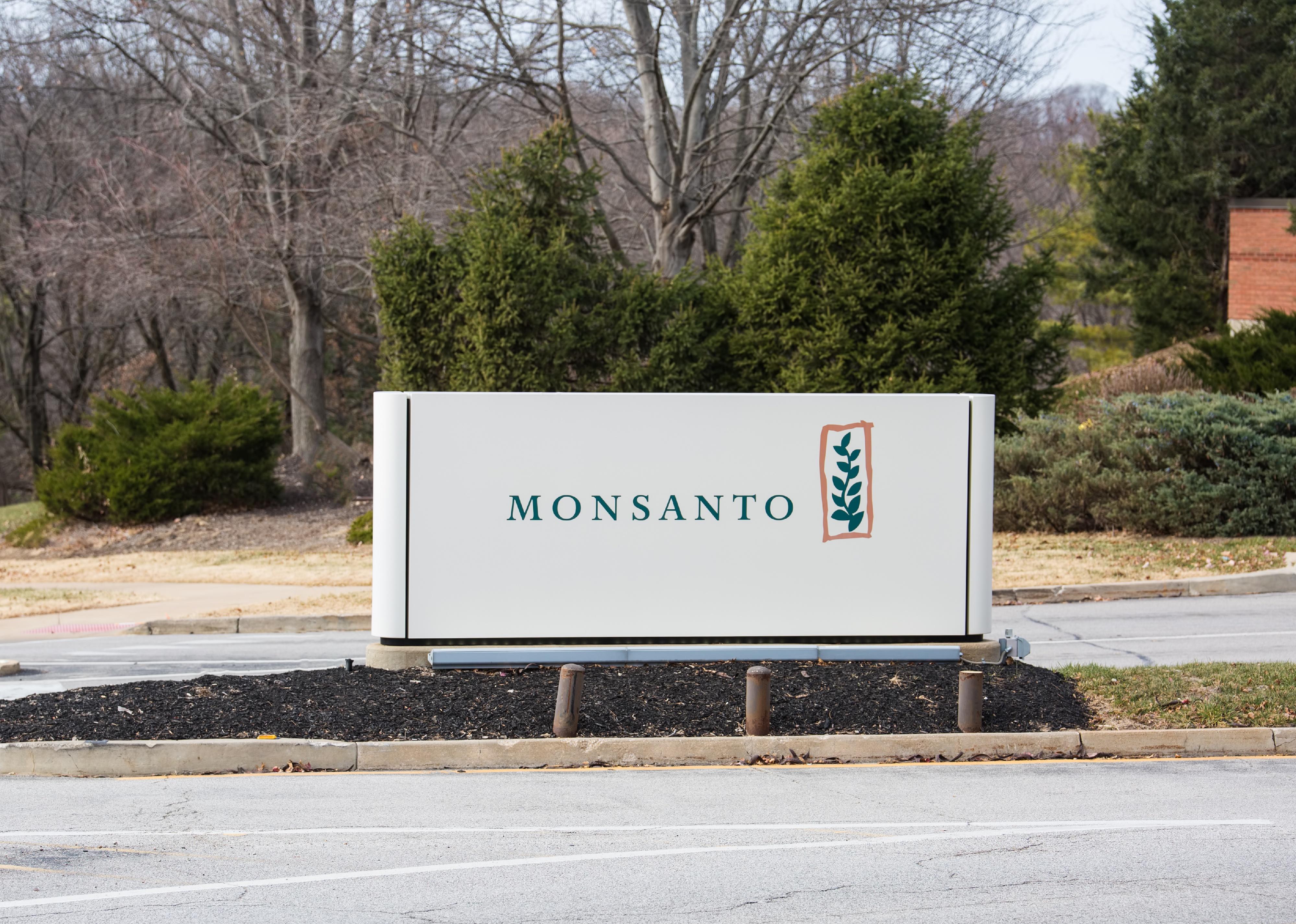 Monsanto sign at entrance to global research headquarters.