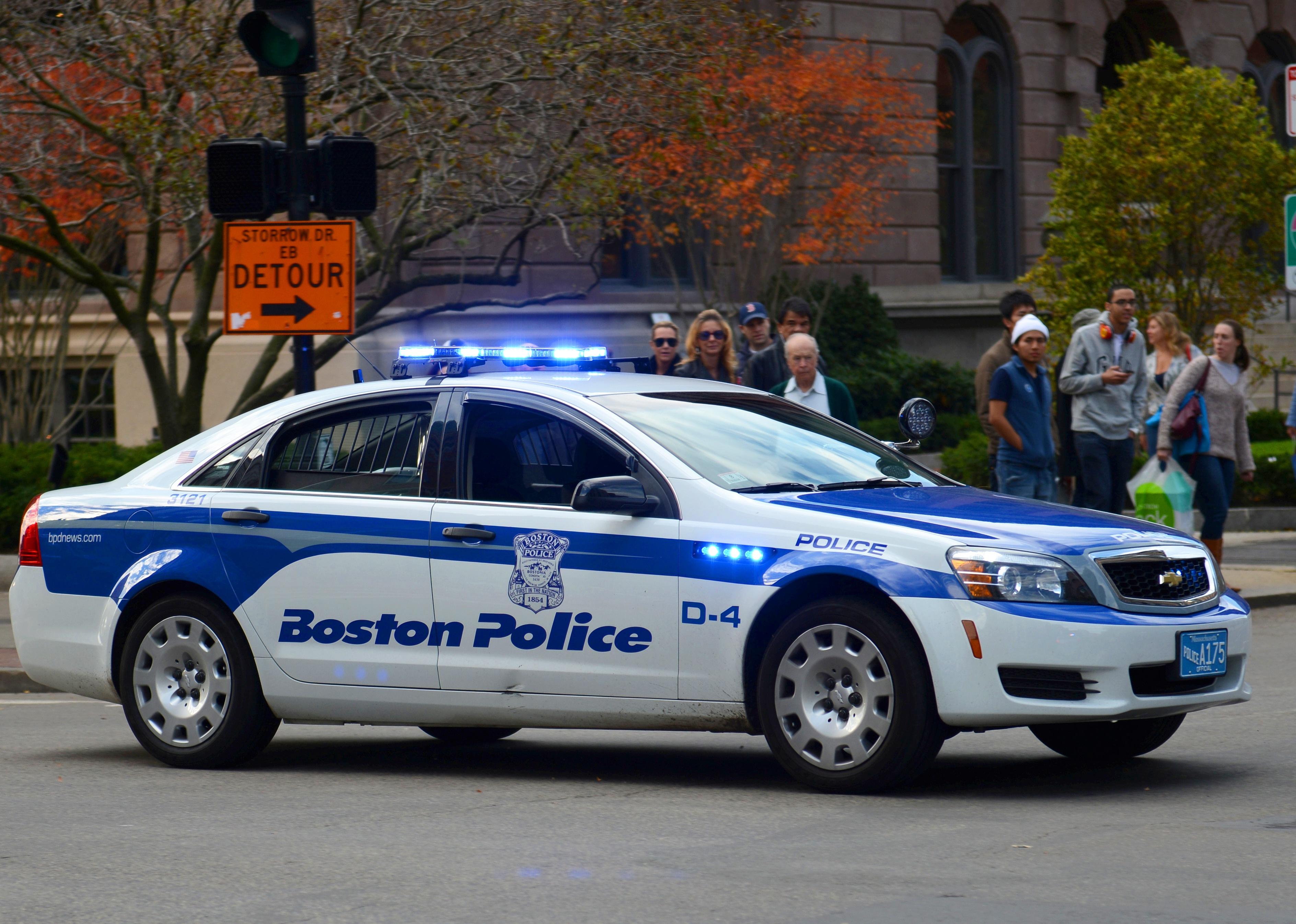 Boston Police Car on duty in downtown Boston.
