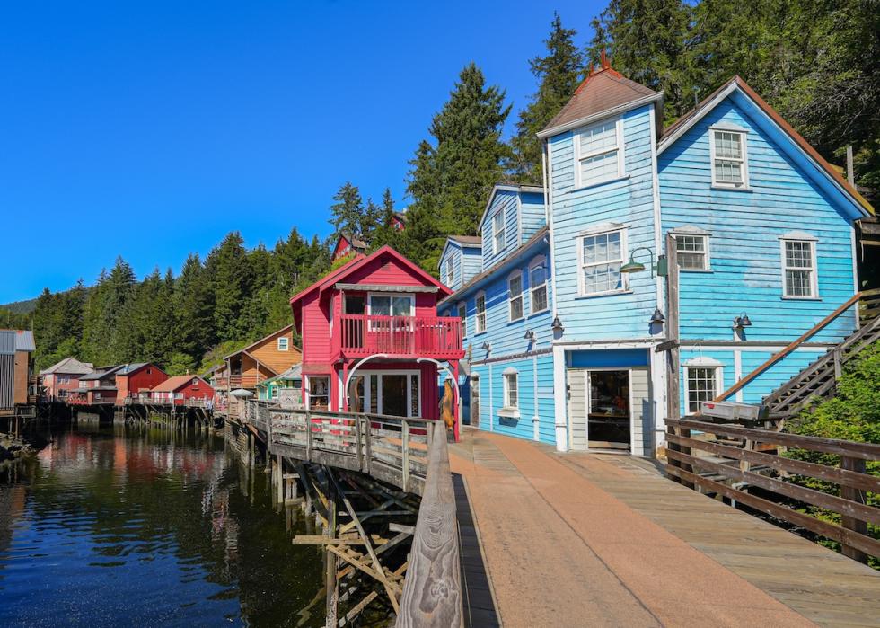 Historic wooden buildings of Creek Street in Ketchikan, Alaska.