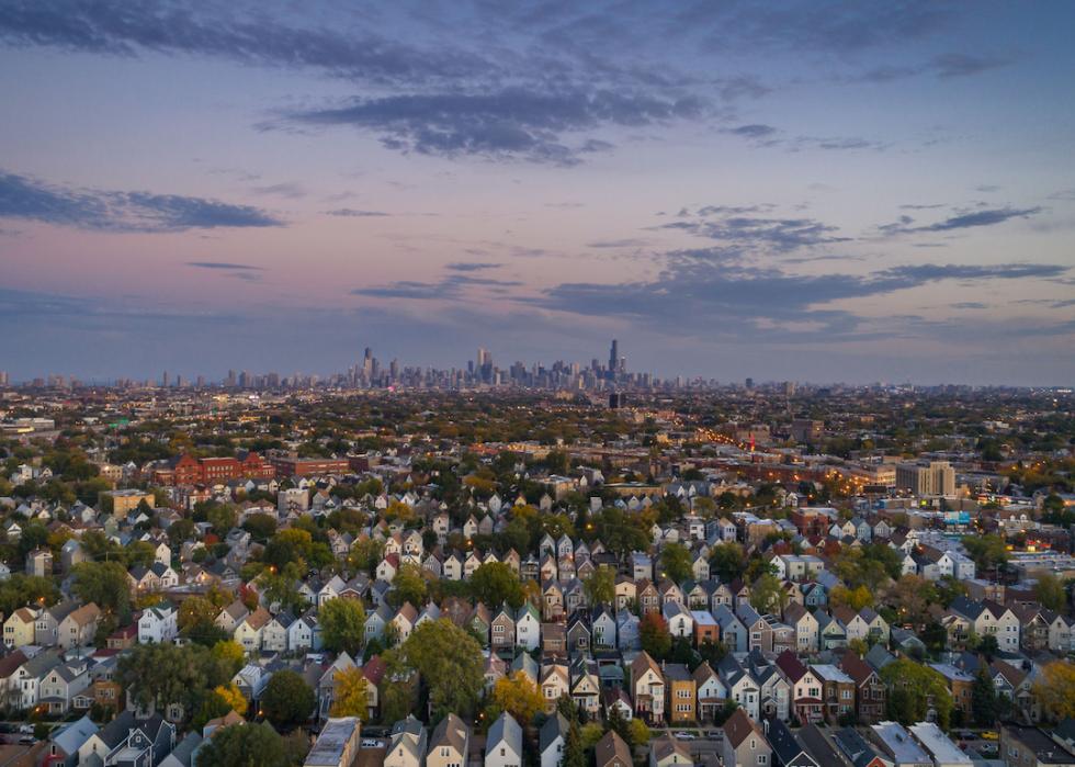 The suburbs overlooking downtown Chicago, Illinois, after sunset.