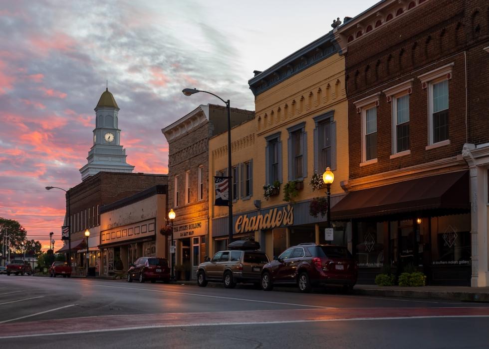 Pink skies over quaint old buildings of downtown Campbellsville, Kentucky.