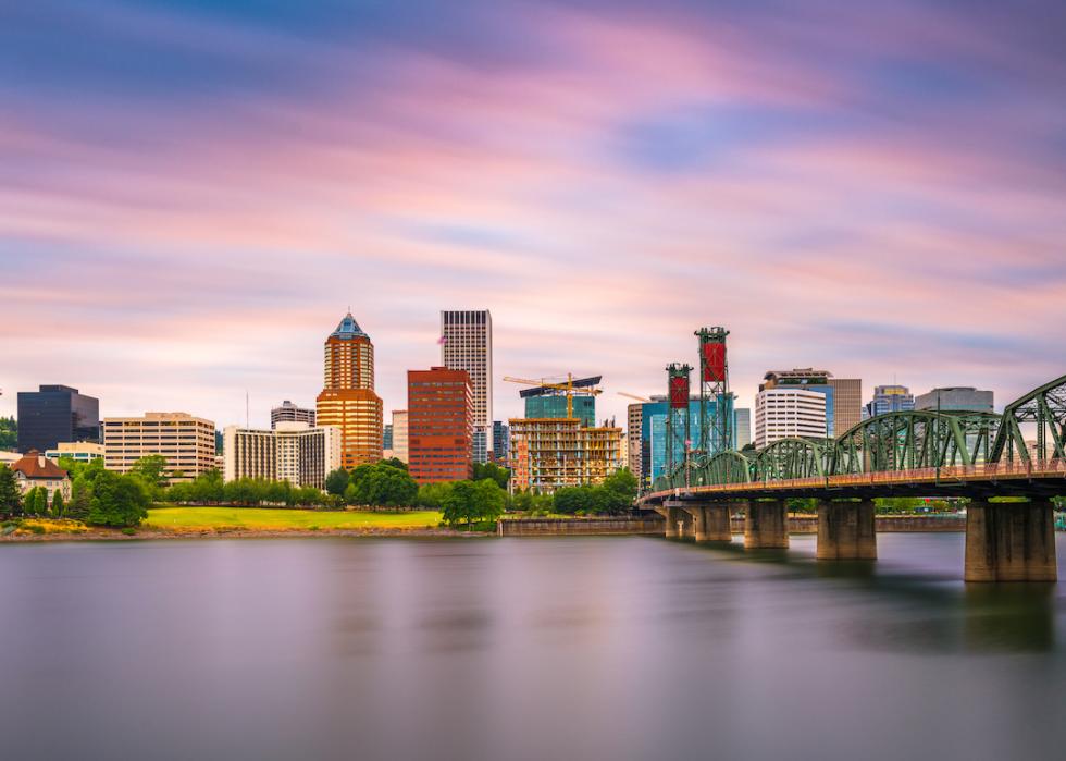 Portland, Oregon, skyline at dusk on the Willamette River.