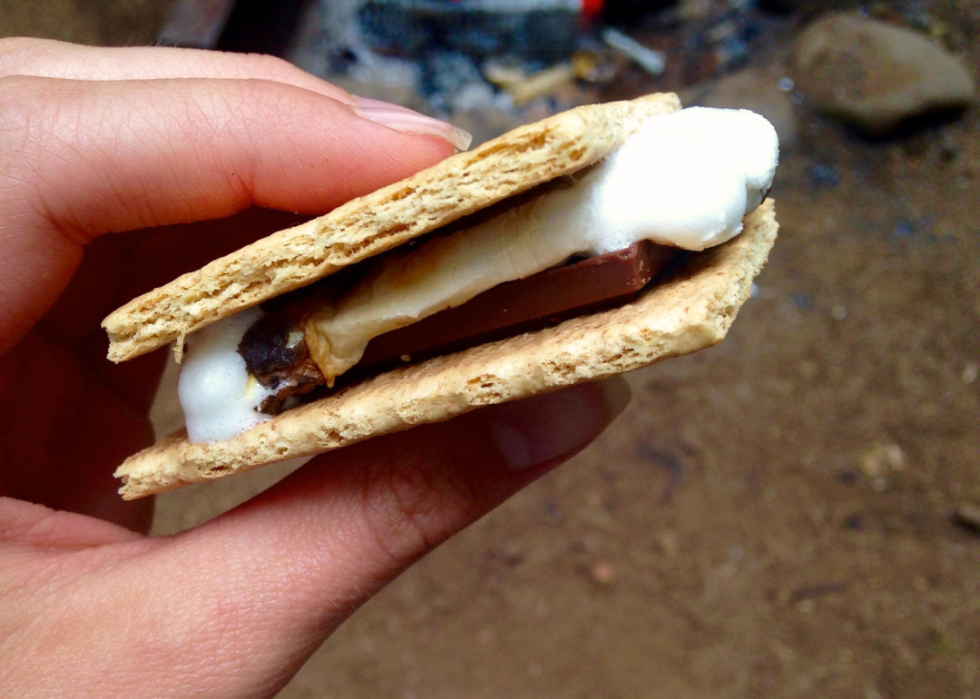 A person holding s'mores by a fire.