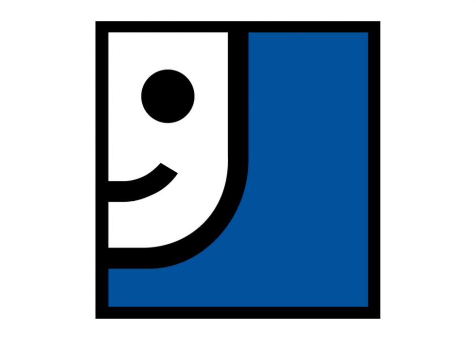 Goodwill's 'smiling G' logo beside blue background.