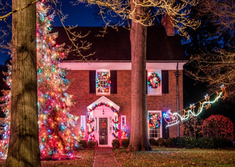 A house decorated for Christmas.