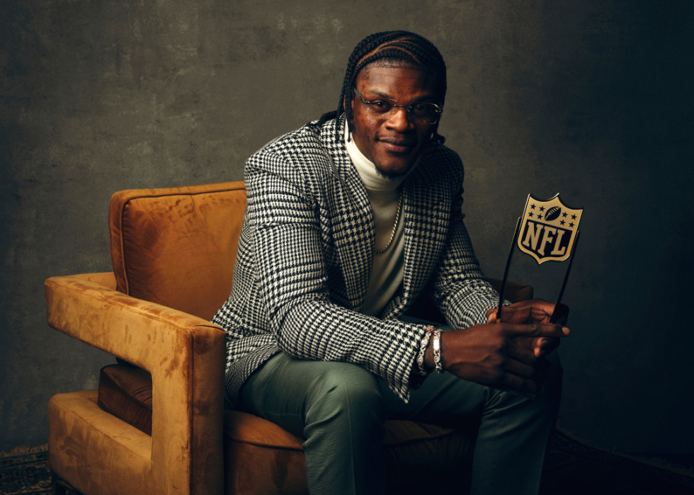 Lamar Jackson in a suit, posing in a chair, holding a NFL trophy.