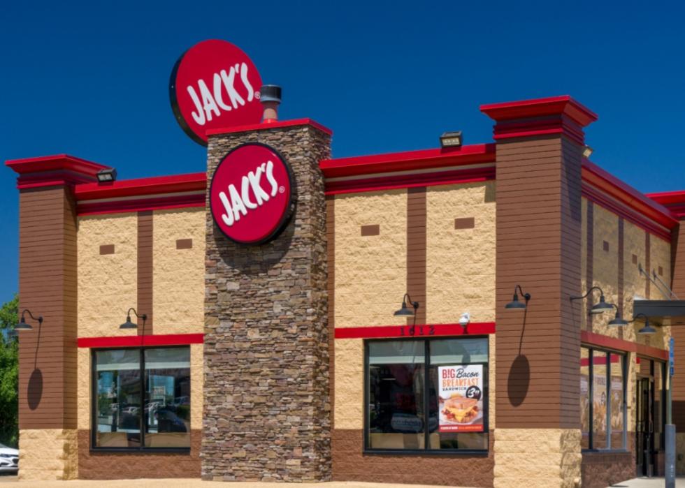 Jack's restaurant as seen from outside with an advertisement for the Big Bacon Breakfast Sandwich in the window.