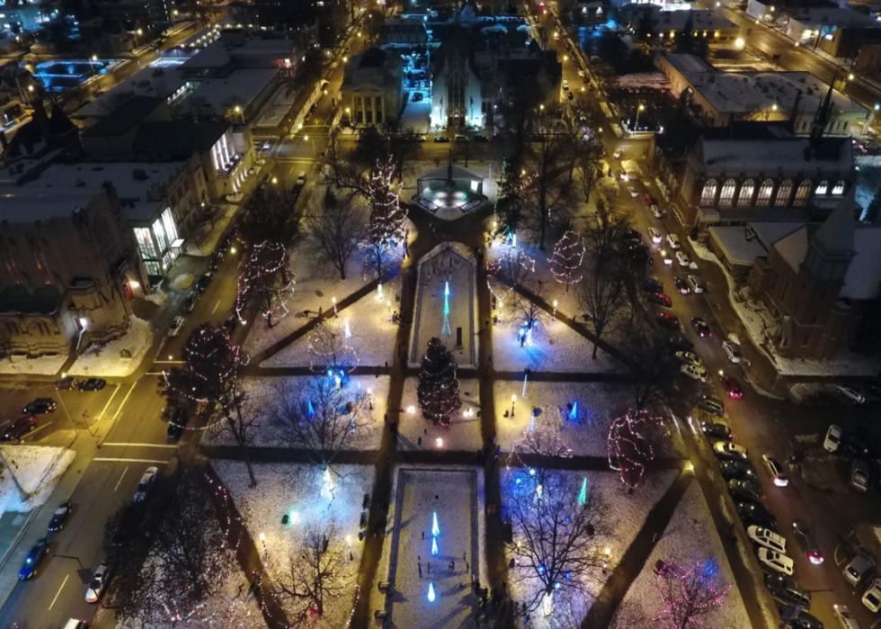 An aerial view at night of Downtown Kalamazoo at Christmas.