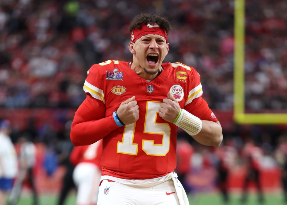 Patrick Mahomes yelling with his fists against his chest.