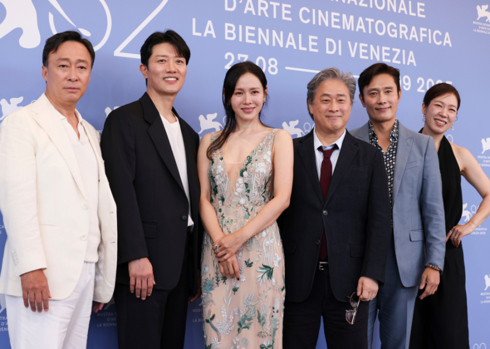 Lee Sung-min, Park Hee-soon, Son Ye-jin, director Park Chan-wook, Lee Byung-hun and Yeom Hye-ra attends the "Eojjeol Suga Eopda" (No Other Choice) photocall during the 82nd Venice International Film Festival on August 29, 2025 in Venice, Italy.