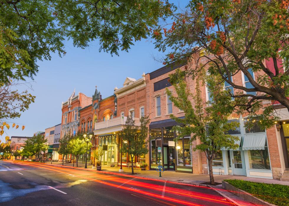 Downtown Provo, Utah, on Center Street at dusk.