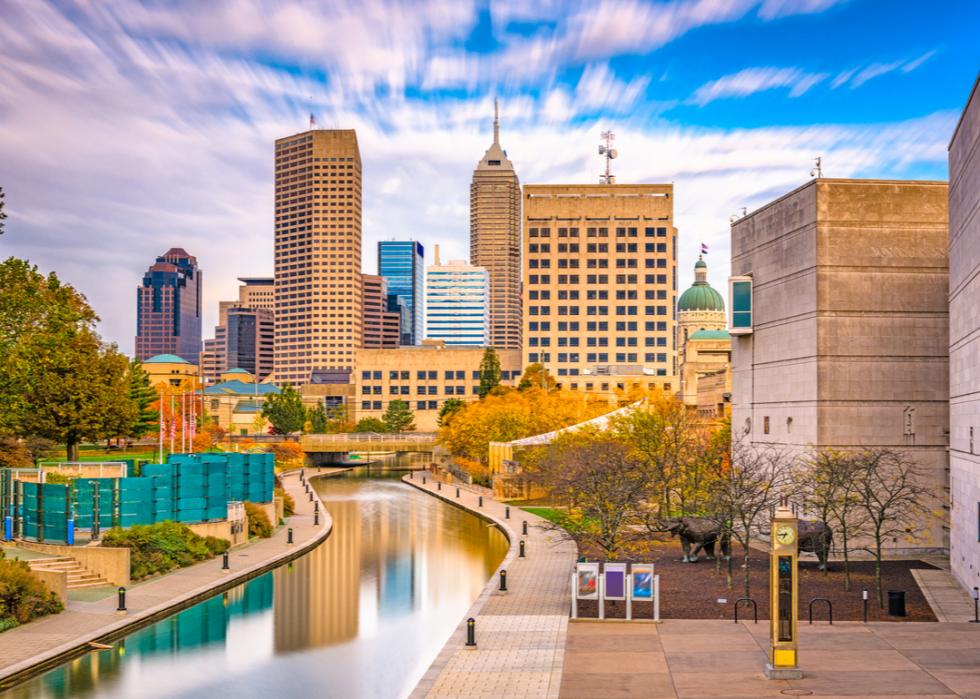 Downtown skyline over the river walk in Indianapolis, Indiana