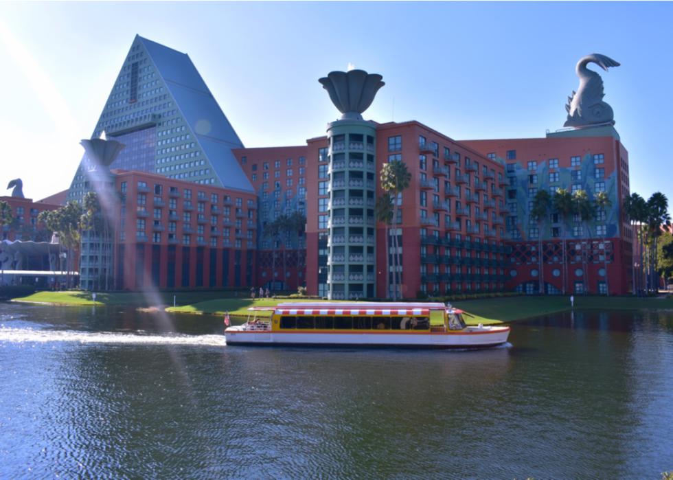 Panoramic view of the colorful hotel and taxi boat at Lake Buena Vista in Orlando, Florida