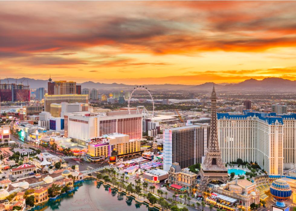 The skyline of Las Vegas, Nevada, as seen over the strip at dusk