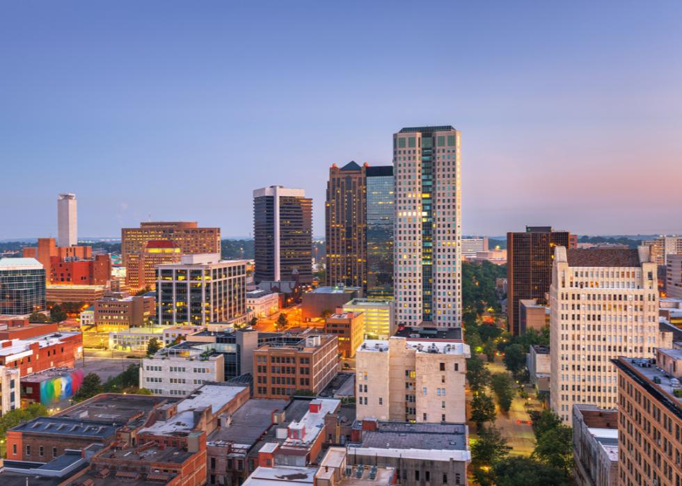 The downtown city skyline at twilight in Birmingham, Alabama